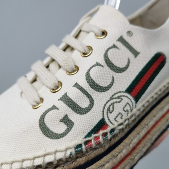 Gucci Canvas Logo Lace-up Wedge Espadrille Platform Shoes - Picture 2 of 13